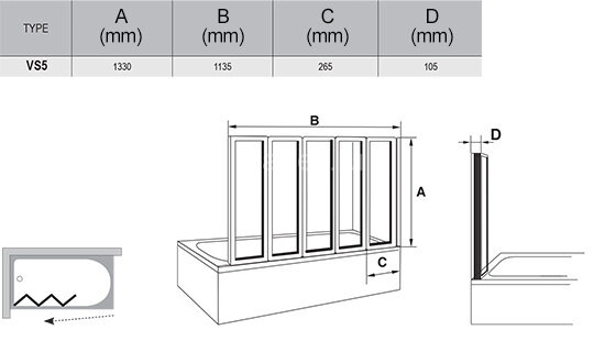 Шторка для ванны складная Ravak VS5 113.5х133 цвет профиля белый (794E010041)