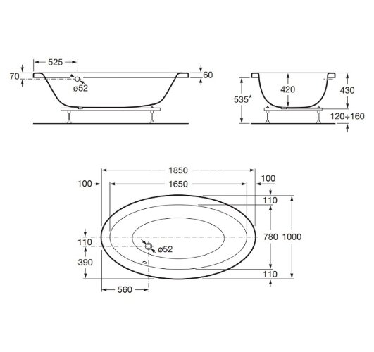 Ванна акриловая Roca GEORGIA 185х100, овальная с гидромассажем Tonic и выпускным комплектом