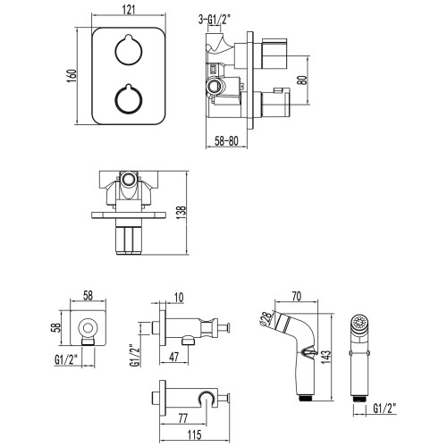 Смеситель Lemark Bronx LM3740GM с гигиеническим душем термостатический, встраиваемый