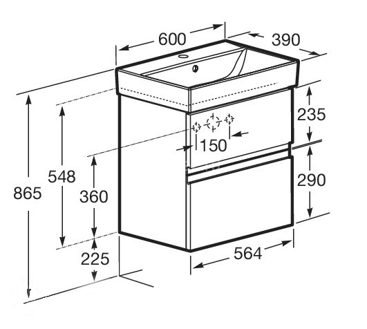 Тумба под раковину Roca Oleta 60 подвесная, 2 ящика, белый матовый (A857639501)