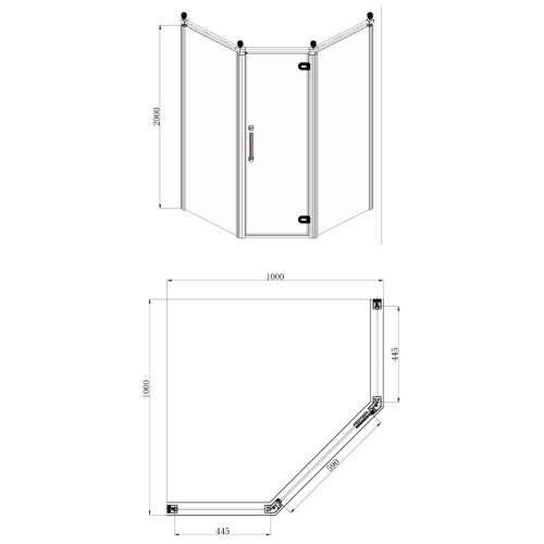 Душевое ограждение Azario ONTARIO 1000х1000х2000 без поддона, прозрачное стекло 8 мм, цвет профиля золото (AZ-NBB3231 1000 GOLD)